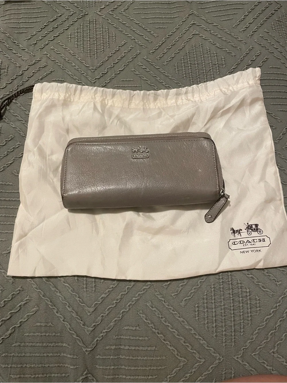 Coach Leather Zip Around Wallet in gray leather
